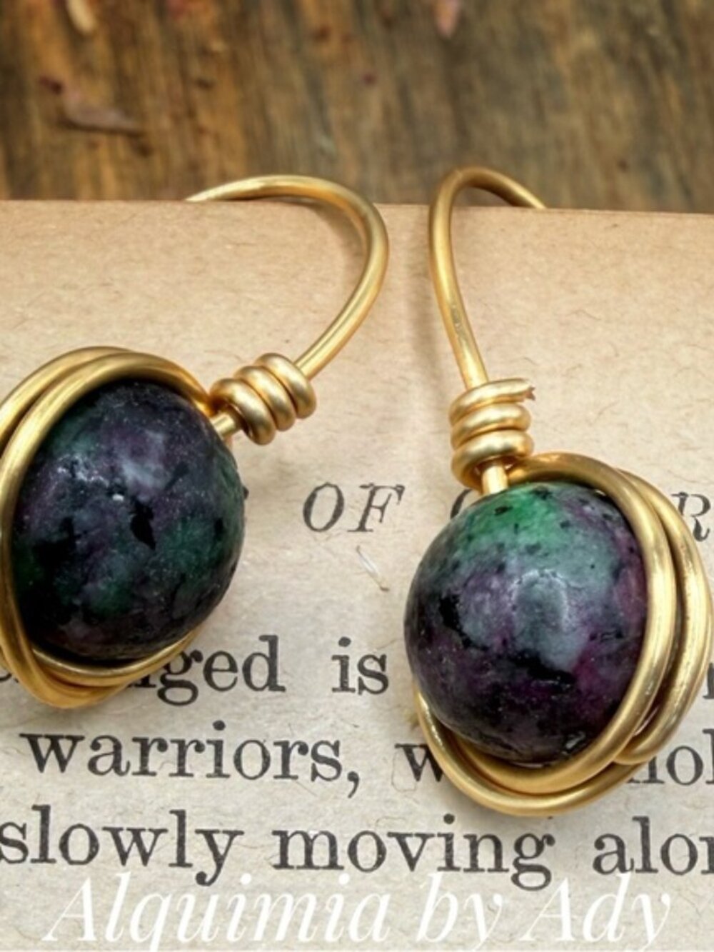 Gold-Wrapped Green and Purple Stone Drop Earrings